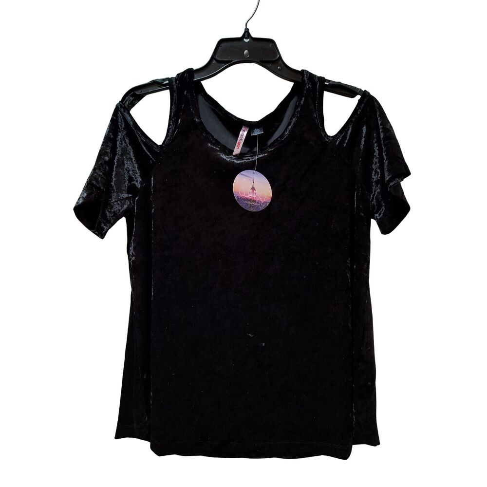 Love by Design Crushed Velvet Cold Shoulder Top Women's XL Black Stretch NWT